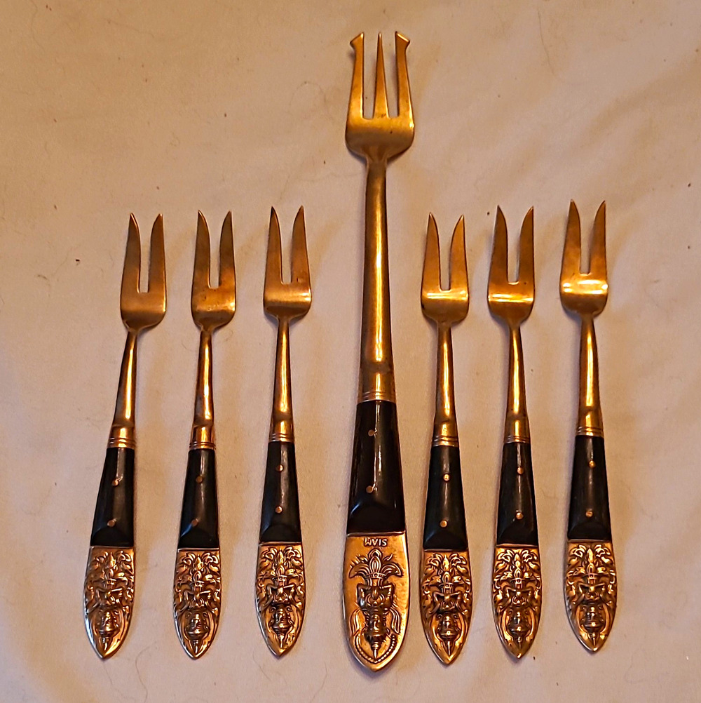 7pc Vintage Thai Brass Flatware Lot 6 Appetizer Forks 1 Cold Meat Serving Fork